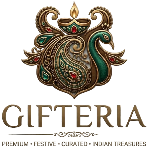 A decorative logo and branding graphic for GIFTERIA, featuring an ornate peacock emblem with gold and green detailing, flanked by two brass oil lamps and small gold motifs on a transparent checkerboard background. Text below reads 'GIFTERIA' and 'PREMIUM • FESTIVE • CURATED • INDIAN TREASURES'.